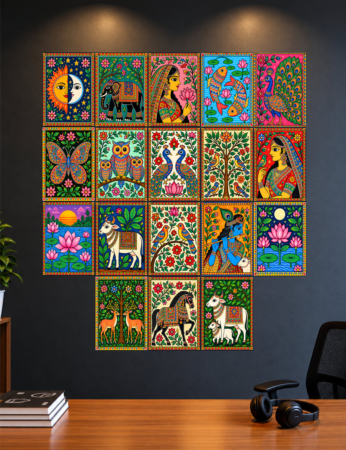 Madhubani Posters - Set of 18 - 6 x 4 Inch